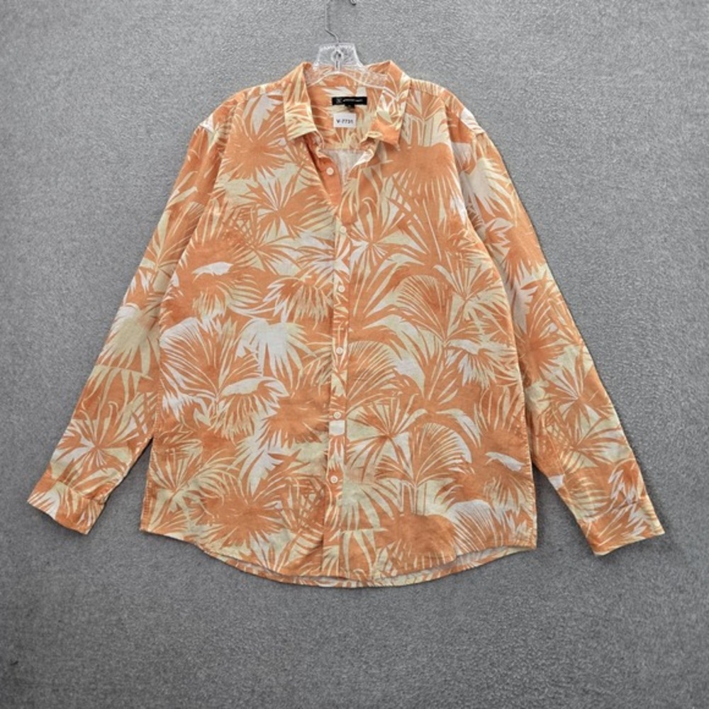 INC Men Button Up Shirt‎ XL Orange Linen Rayon Andy Palm Floral